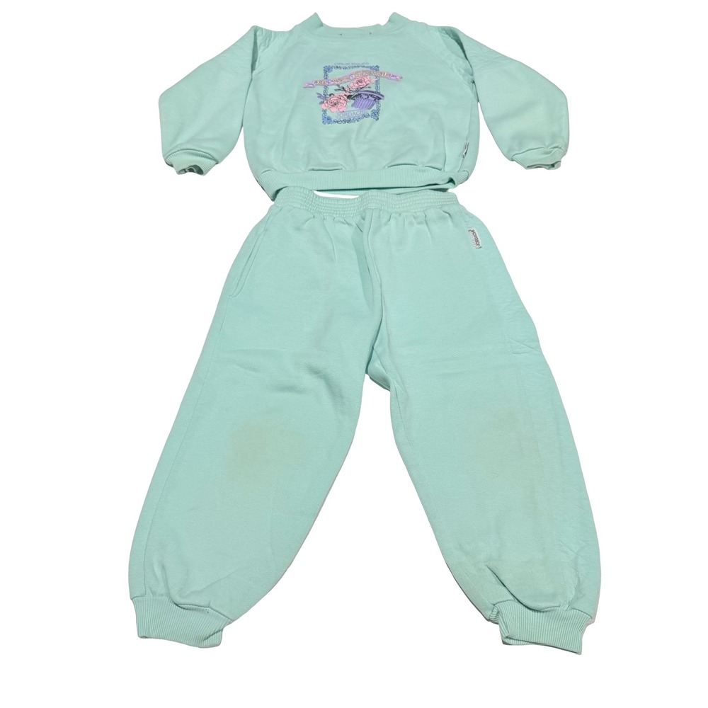 VTG Jordache Kids Mint Green Tracksuit Floral‎ Sweatshirt Joggers Set Size 5/6